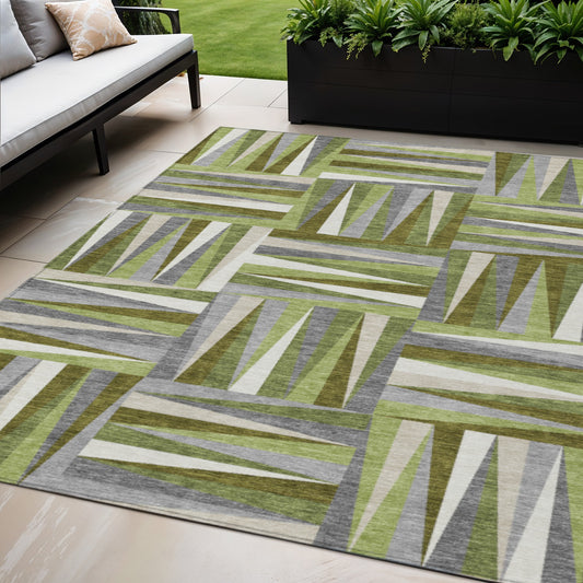 5' X 8' Green Gray And Ivory Geometric Washable Indoor Outdoor Area Rug-0