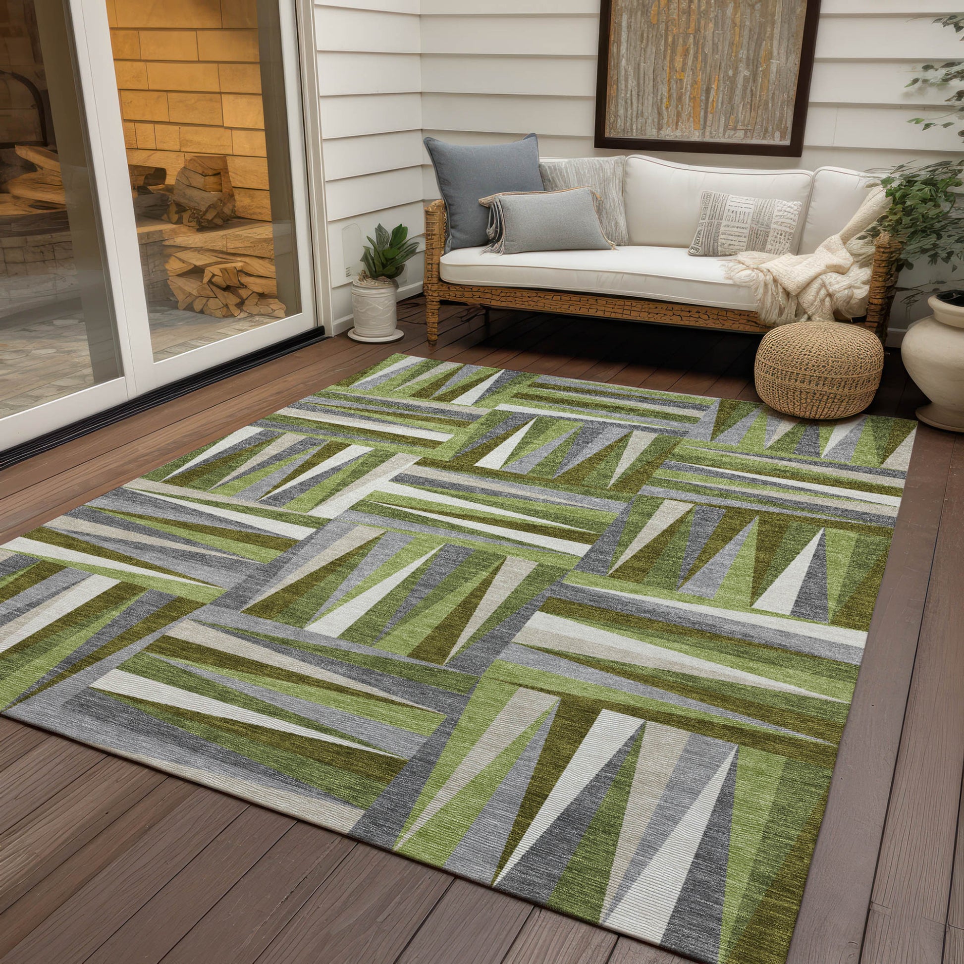 5' X 8' Green Gray And Ivory Geometric Washable Indoor Outdoor Area Rug-6