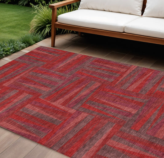 8' X 10' Red And Brown Geometric Washable Indoor Outdoor Area Rug-0
