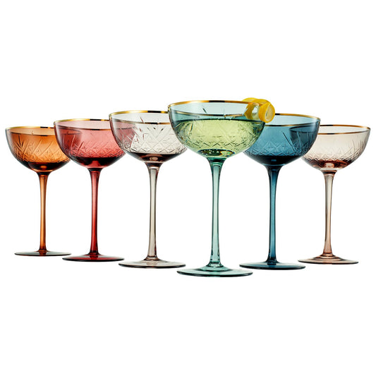 Vintage Art Deco Coupe for Champagne, Martini, Cocktails | Set of 6 | 7 oz Classic Cocktail Glassware - Manhattan, Cosmopolitan, Sidecar, Crystal Speakeasy Style Saucer Goblets with Stems (Muted)-0