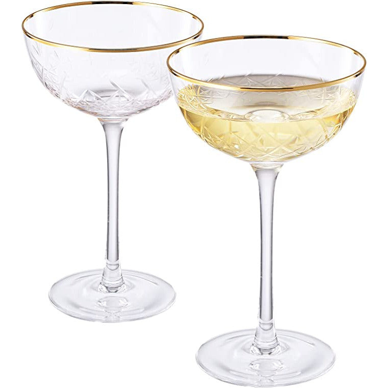 Vintage Art Deco Luxury Coupe Glasses, Cocktails, Martini, Margarita, In Premium Gift Box 24K Gold Rim | Set of 2 | 8 oz Classic Cocktail Glassware - Champagne, Manhattan, Cosmopolitan Crystal Goble-4