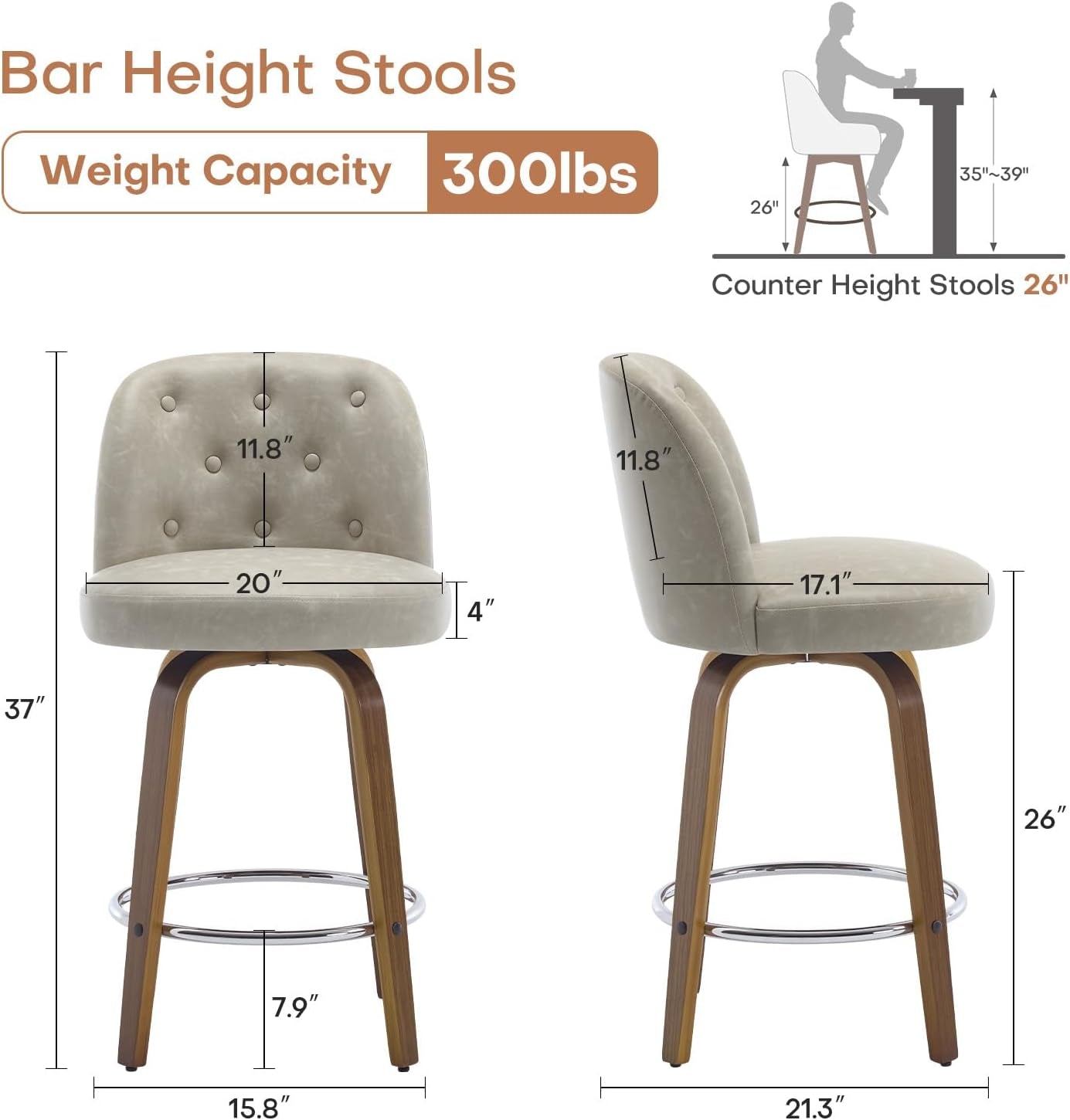 Bar Stools Set of 4, 26" Counter Height Swivel Bar Stools with Back,Walnut Bentwood Legs, Faux Leather Upholstered Counter Stools, Modern Counter Chairs Bar Stool for Kitchen Island, Griege-1