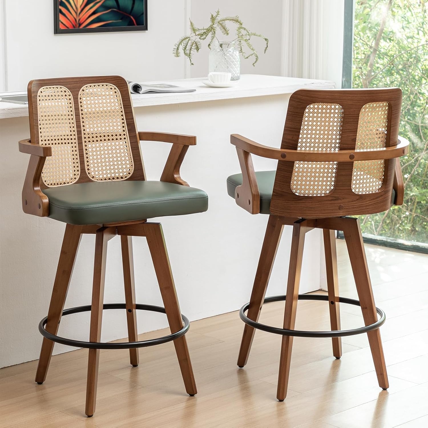 Swivel Counter Stools Set of Two with Rattan Back-0