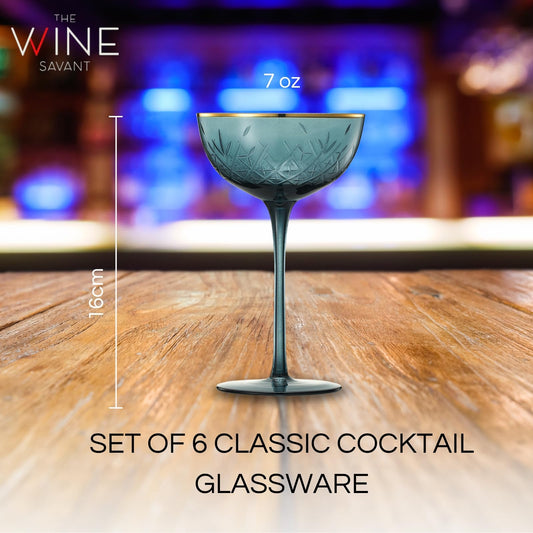 Vintage Art Deco Coupe for Champagne, Martini, Cocktails | Set of 6 | 7 oz Classic Cocktail Glassware - Manhattan, Cosmopolitan, Sidecar, Crystal Speakeasy Style Saucer Goblets with Stems (Muted)-1
