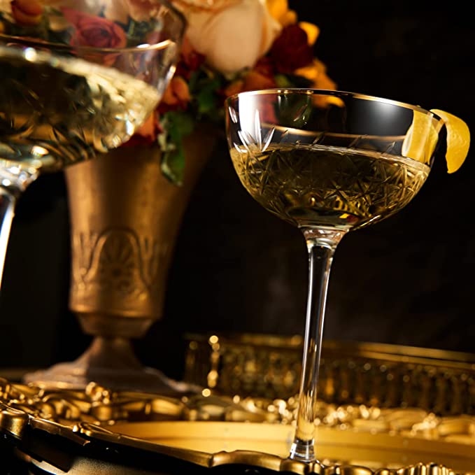 Vintage Art Deco Luxury Coupe Glasses, Cocktails, Martini, Margarita, In Premium Gift Box 24K Gold Rim | Set of 2 | 8 oz Classic Cocktail Glassware - Champagne, Manhattan, Cosmopolitan Crystal Goble-2
