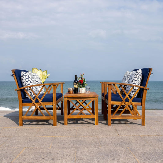Outdoor Collection Fontana Natural/ Navy Blue Cushions/ Geometric Pattern Pillows 4-Piece Conversation Patio Set-1