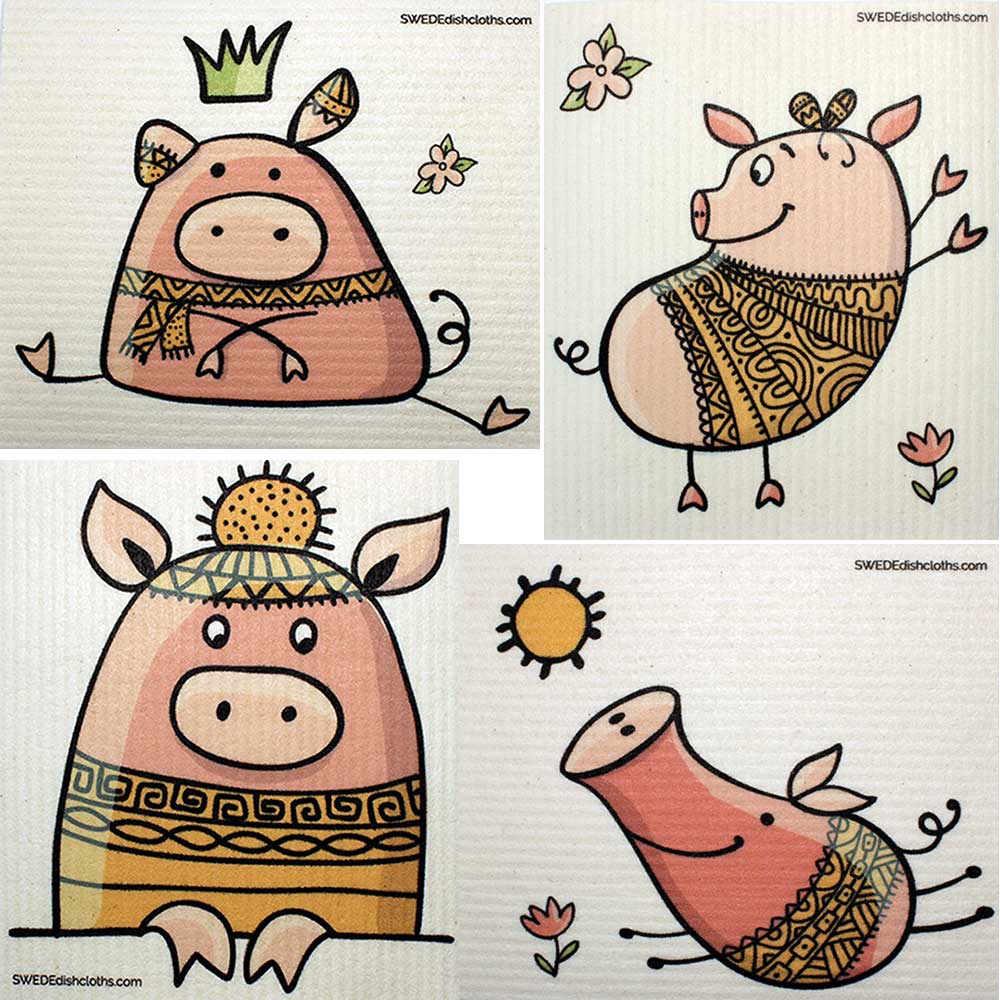 Mixed Cute Pigs Set of 4 cloths (One of each design) Swedish Dishcloths ECO Absorbent Cleaning Cloth