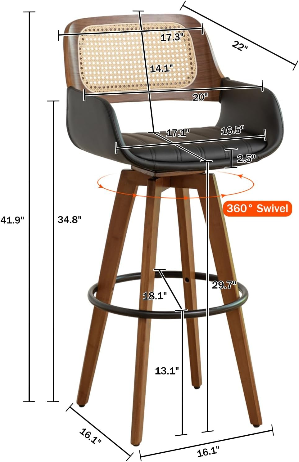 Rattan Swivel Bar Stools, Counter Height Bar Stools with Cane Back, Upholstered Seat, Faux Leather Upholstered Furniture for Island/Counter (Black, 29.7"-3 PCS)-1