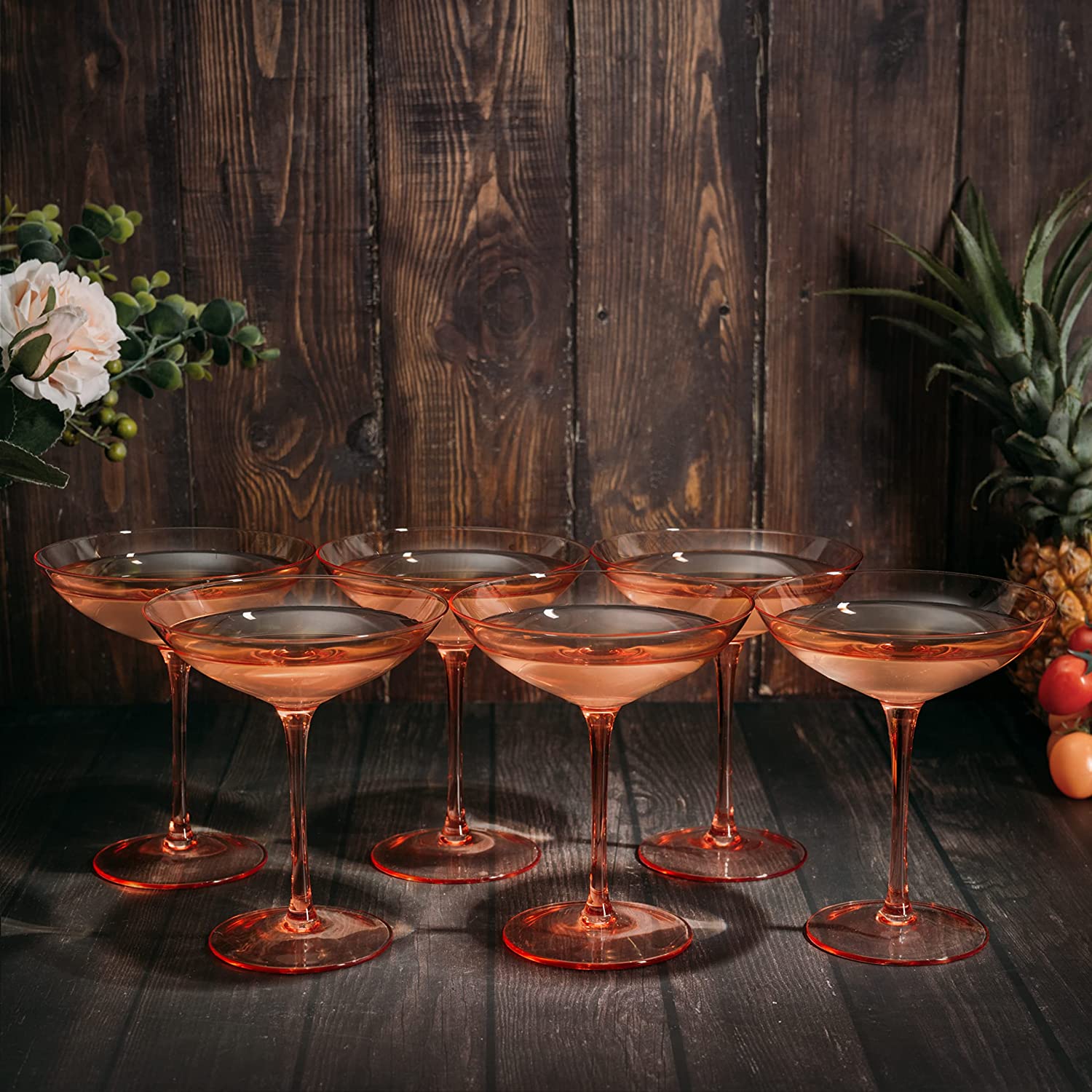 The Wine Savant Colored Vintage Glass Coupes 12oz Colorful Cocktail, Martini & Champagne Glasses, Prosecco, Mimosa Glasses Set, Cocktail Glass Set, Bar Glassware Luster Glasses (6, Orange)-2