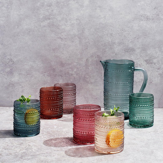 Hobnail Beaded Pitcher & Tumbler Glasses Set | Set of 6 Glasses & Carafe-1