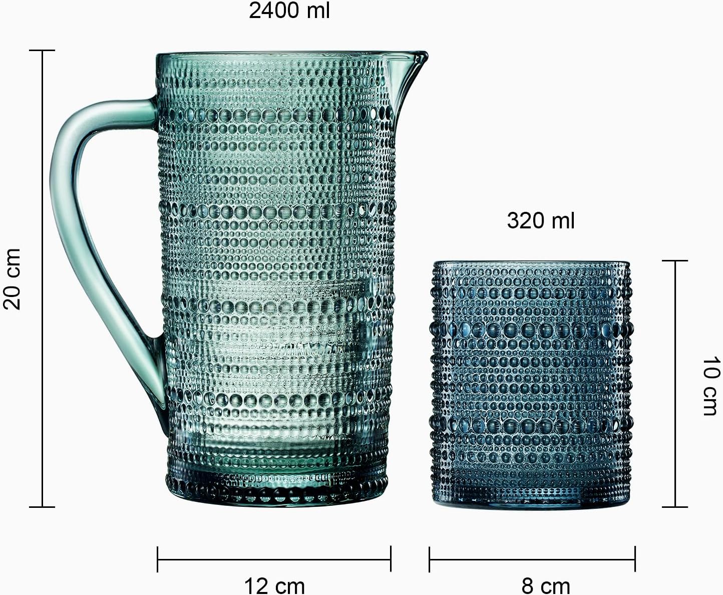 Hobnail Beaded Pitcher & Tumbler Glasses Set | Set of 6 Glasses & Carafe-4