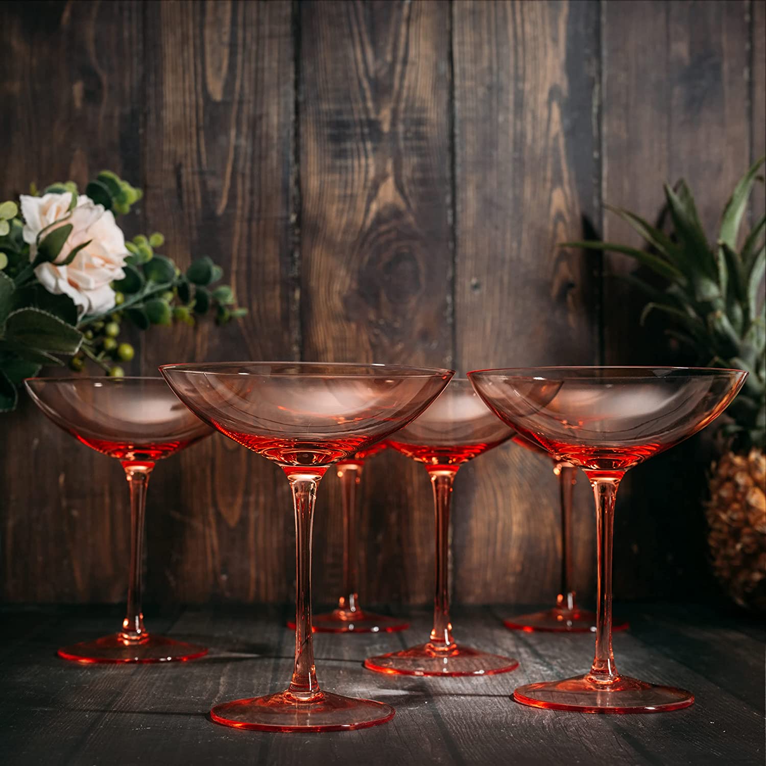 The Wine Savant Colored Vintage Glass Coupes 12oz Colorful Cocktail, Martini & Champagne Glasses, Prosecco, Mimosa Glasses Set, Cocktail Glass Set, Bar Glassware Luster Glasses (6, Orange)-4