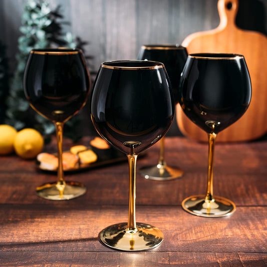 The Wine Savant Set of 4 Black Wine Glasses Gold Stemmed 14 oz Gold Rim Wine Glasses, Black Colored Wine Glasses Luxury Wine Glassware Wine Tasting, Wedding Gift, Anniversary, Birthday-1