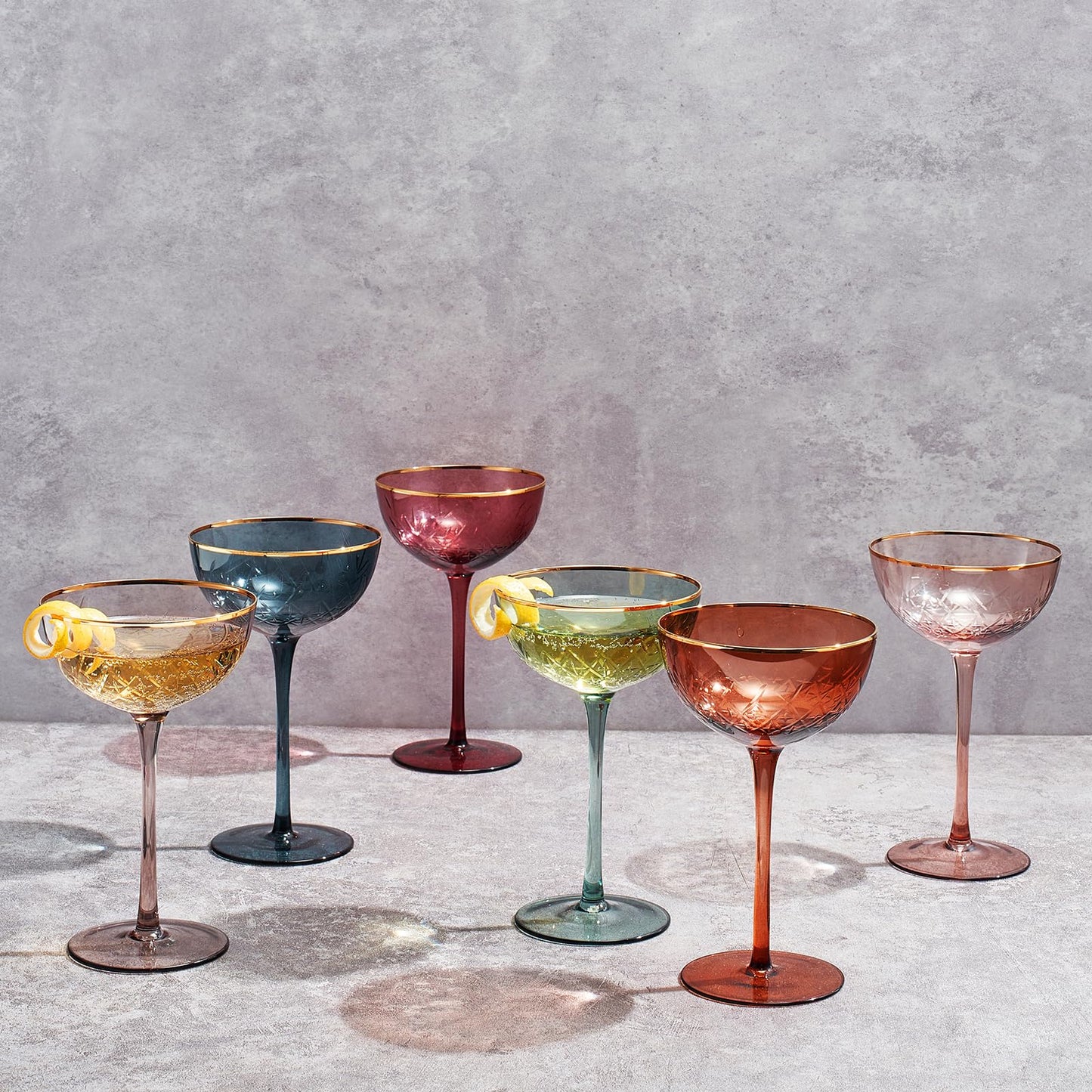 Vintage Art Deco Coupe for Champagne, Martini, Cocktails | Set of 6 | 7 oz Classic Cocktail Glassware - Manhattan, Cosmopolitan, Sidecar, Crystal Speakeasy Style Saucer Goblets with Stems (Muted)-3
