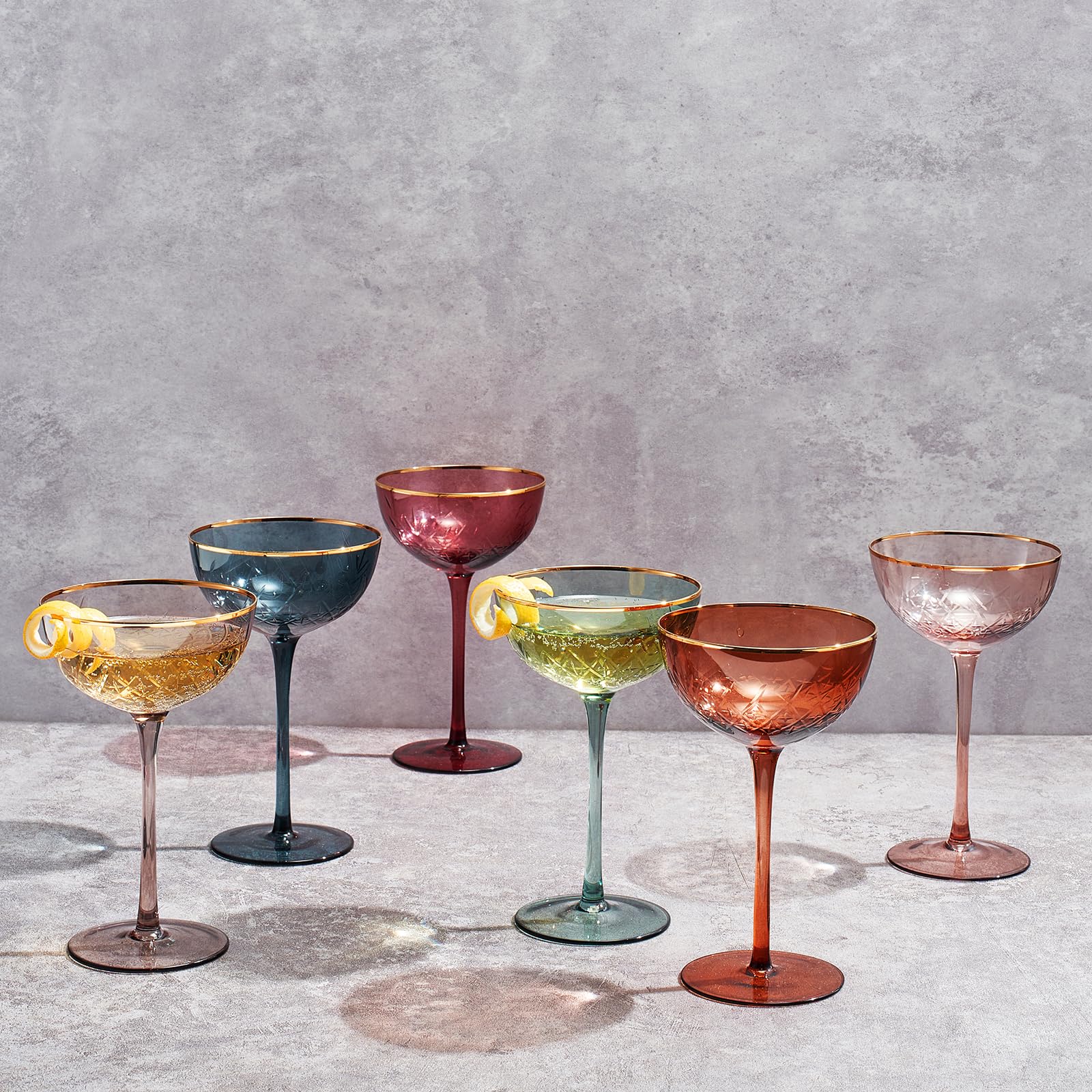 Vintage Art Deco Coupe for Champagne, Martini, Cocktails | Set of 6 | 7 oz Classic Cocktail Glassware - Manhattan, Cosmopolitan, Sidecar, Crystal Speakeasy Style Saucer Goblets with Stems (Muted)-3