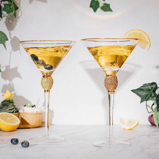 Diamond Collection 2 Piece Stemmed Martini Set - Rhinestone For Drinking Martinis, Manhattans, Vodka, Gin, Cocktails Gold Accent Cocktail Glasses, Perfect For Any Bar or Party 10oz - Swarovski Style-1