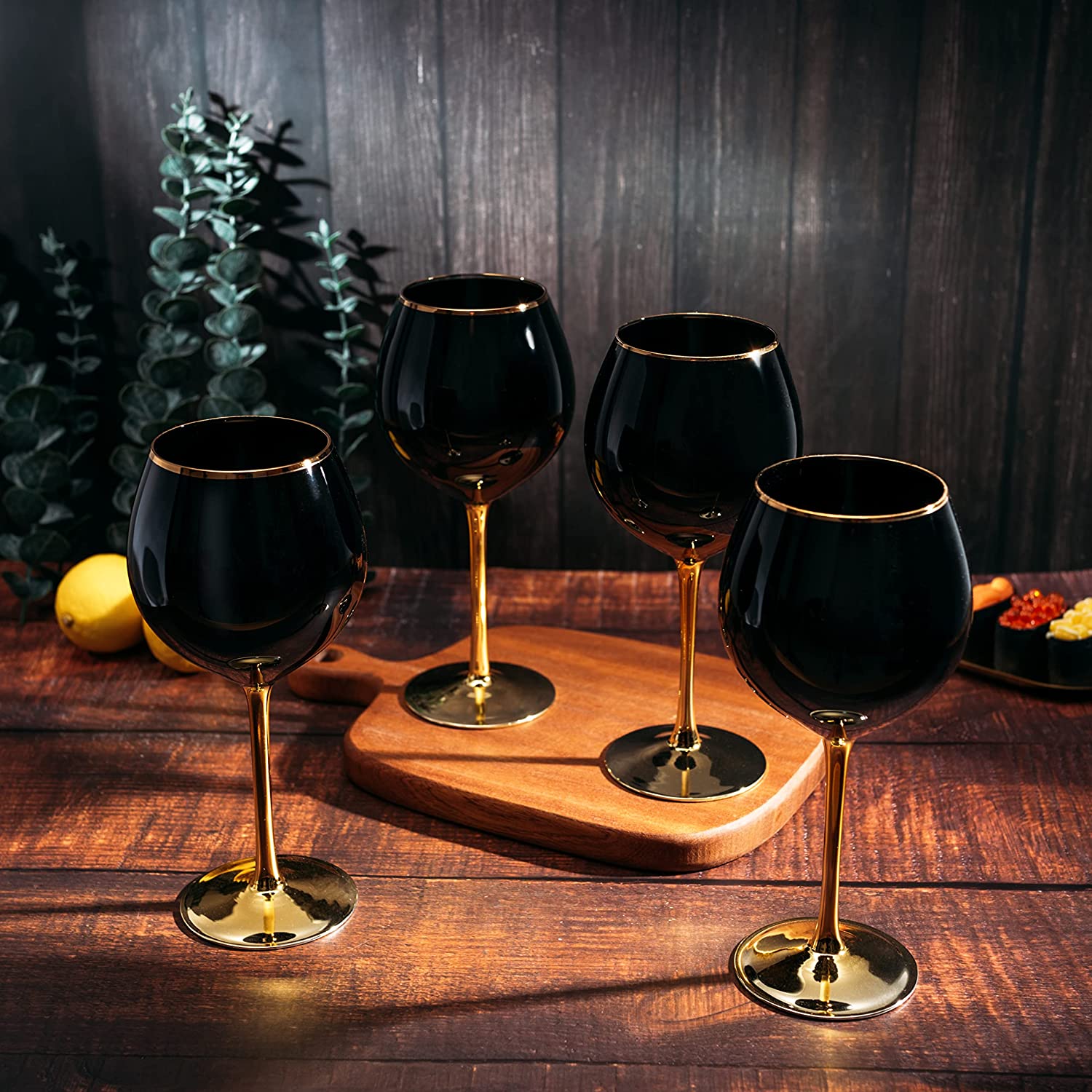 The Wine Savant Set of 4 Black Wine Glasses Gold Stemmed 14 oz Gold Rim Wine Glasses, Black Colored Wine Glasses Luxury Wine Glassware Wine Tasting, Wedding Gift, Anniversary, Birthday-3
