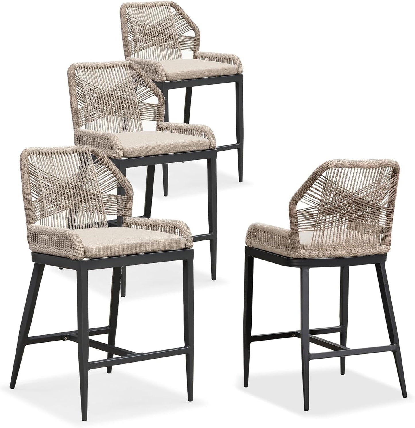 Counter Height Bar Stools Set of 4 Rattan Wicker Outdoor Metal Boho Barstools with Back and Footrest Patio Garden Balcony Pool Bar Chairs-0