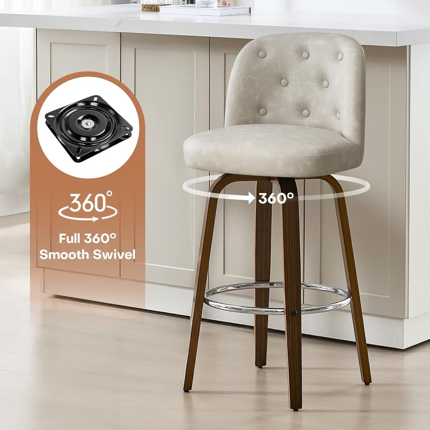 Bar Stools Set of 4, 26" Counter Height Swivel Bar Stools with Back,Walnut Bentwood Legs, Faux Leather Upholstered Counter Stools, Modern Counter Chairs Bar Stool for Kitchen Island, Griege-4