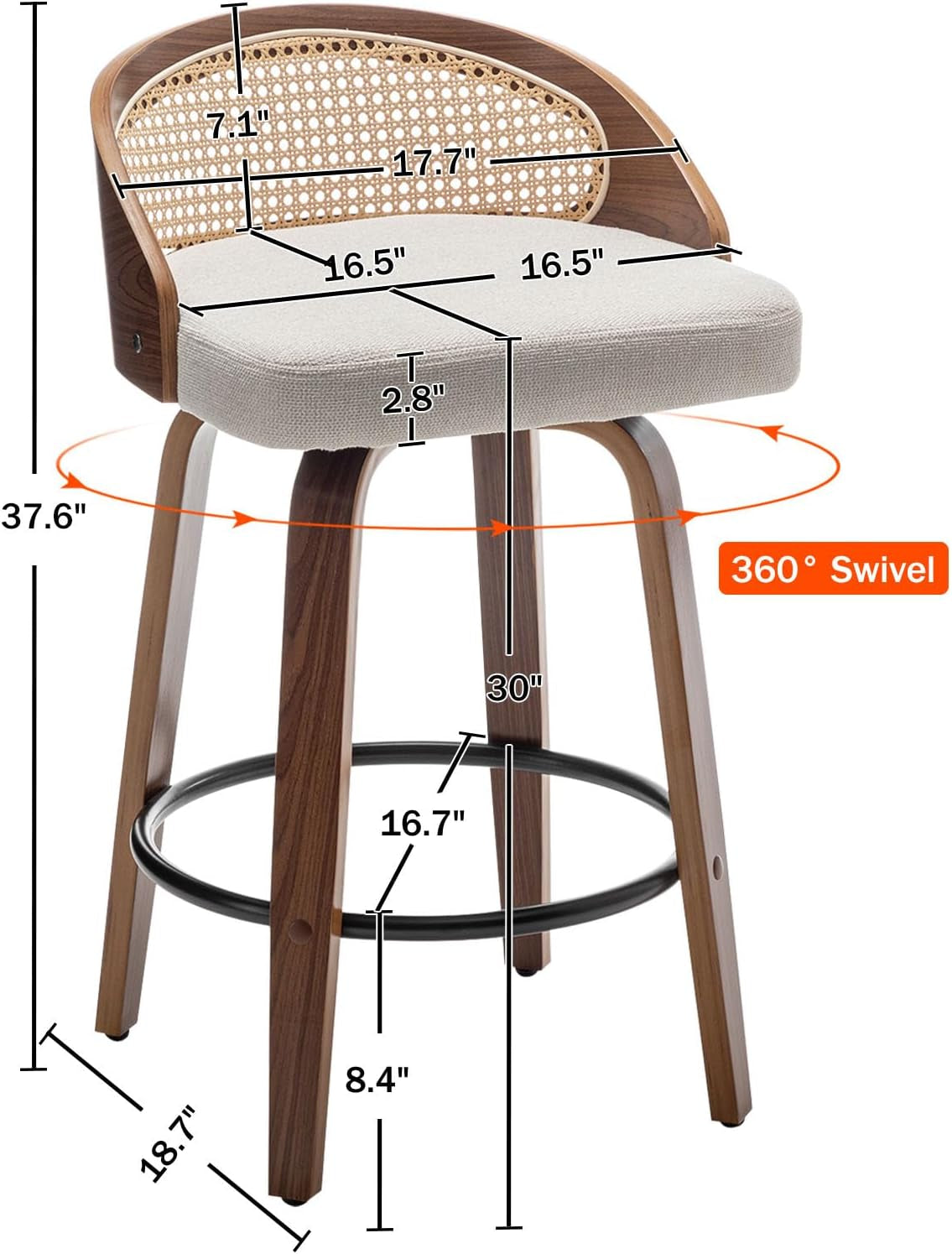 Mid-Century Modern Swivel Rattan Bar Stools Set-1