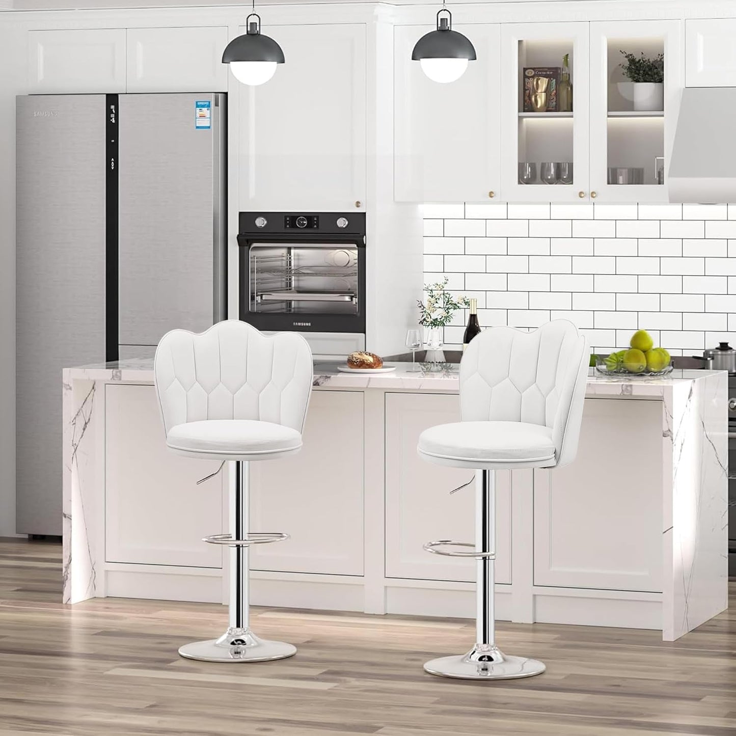 Bar Stools Set of 4, Adjustable Barstools with Back, Velvet Armless Counter Height Stool Kitchen Island Stool Swivel Bar Stools, White-1