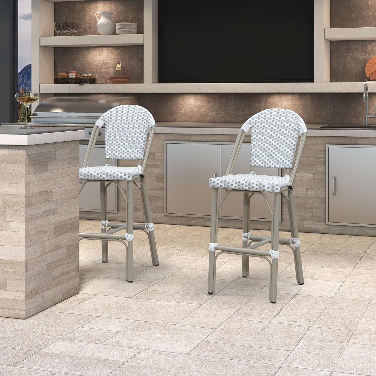 French Bar Stools Set of 2 Champagne Print Finish Outdoor Bar Stools with Back Rattan 27'' Patio Bar Stool for Pool Garden Kitchen Outdoor Barstool, White&Grey-1