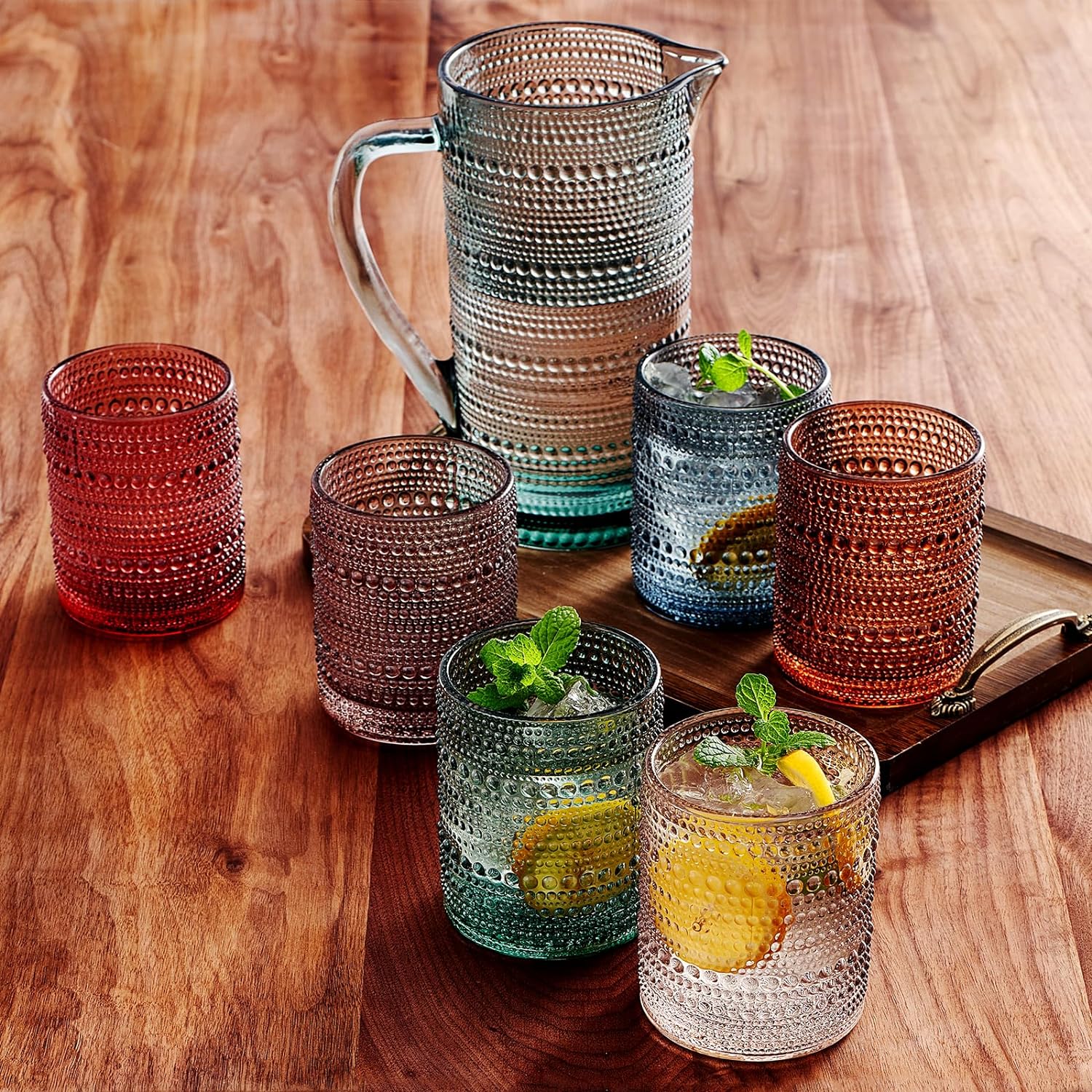 Hobnail Beaded Pitcher & Tumbler Glasses Set | Set of 6 Glasses & Carafe-3