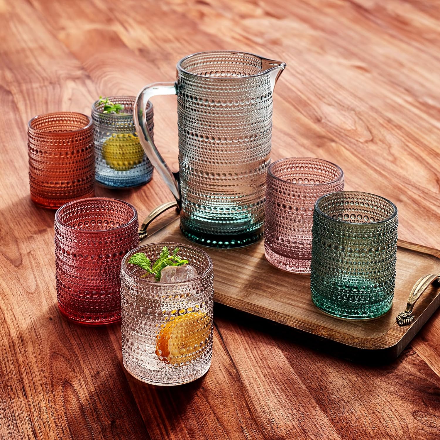 Hobnail Beaded Pitcher & Tumbler Glasses Set | Set of 6 Glasses & Carafe-2