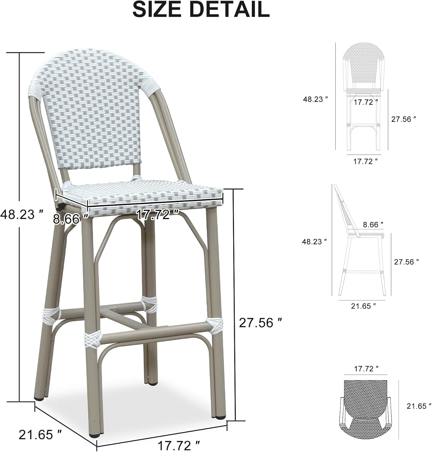 French Bar Stools Set of 2 Champagne Print Finish Outdoor Bar Stools with Back Rattan 27'' Patio Bar Stool for Pool Garden Kitchen Outdoor Barstool, White&Grey-2