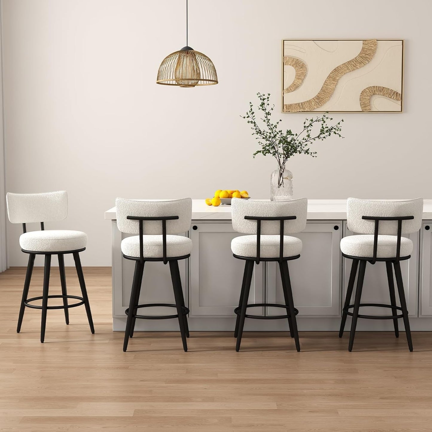 Bar Stools Set of 4, White Counter Height Barstools with Back, Kitchen Stools with Metal Legs and Footrest, Upholstered Pub Bar Chairs Kitchen Island (26", No Swivel)-0