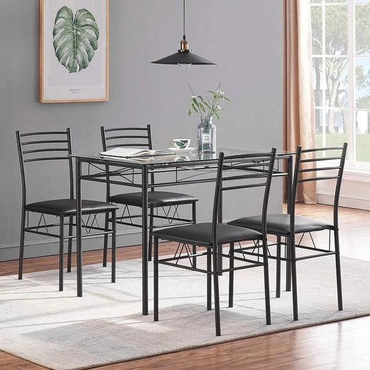 Black 5-Piece Dining Set with Rectangular Glass-Top Table and 4 Chairs-0