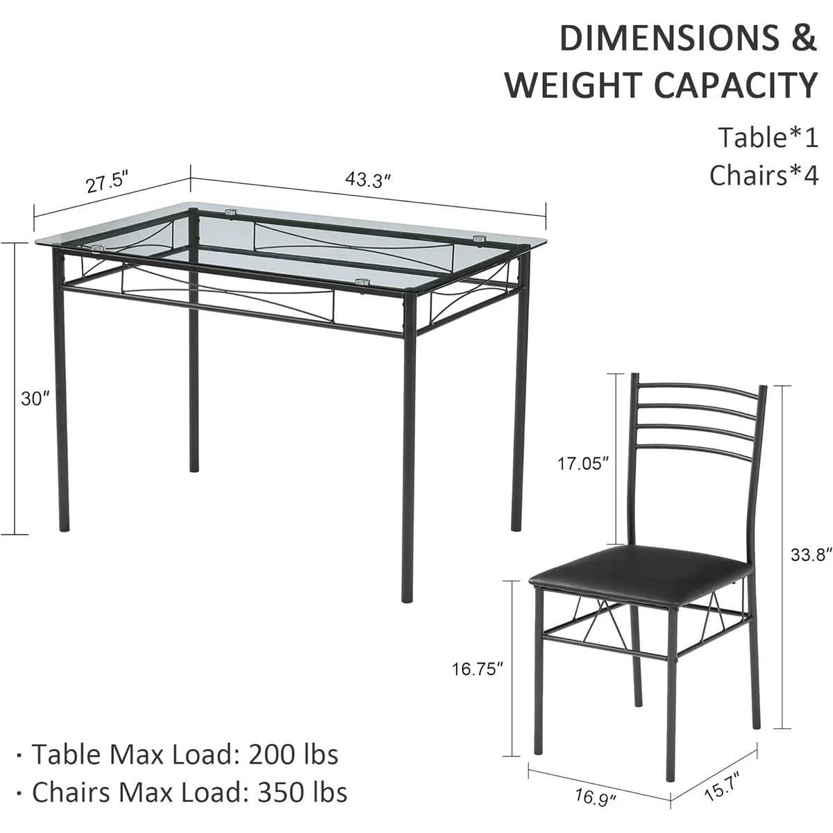 Black 5-Piece Dining Set with Rectangular Glass-Top Table and 4 Chairs-4