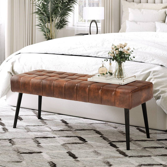 Mid-Century Modern Bedroom Bench with Brown PU Leather Seat and Tapered Legs-0