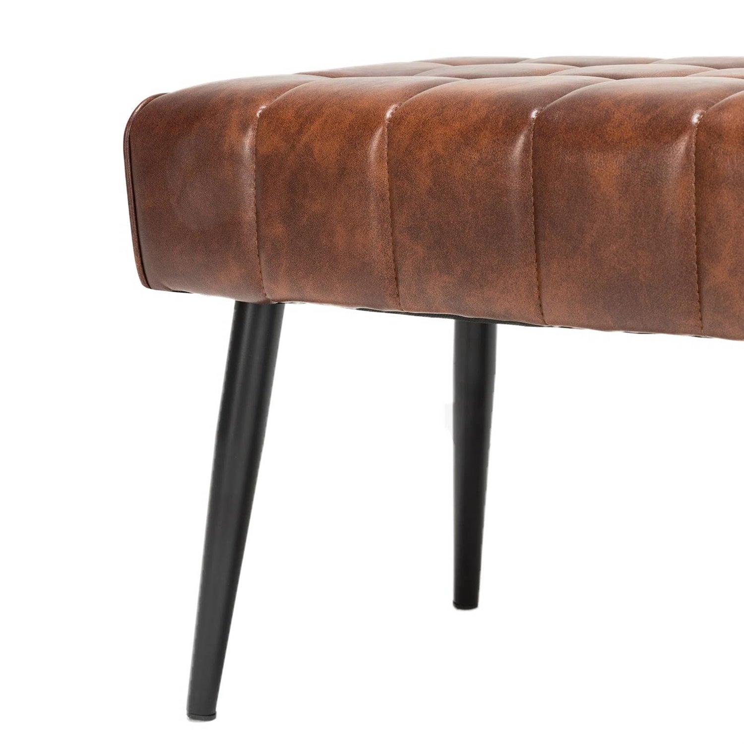 Mid-Century Modern Bedroom Bench with Brown PU Leather Seat and Tapered Legs-2