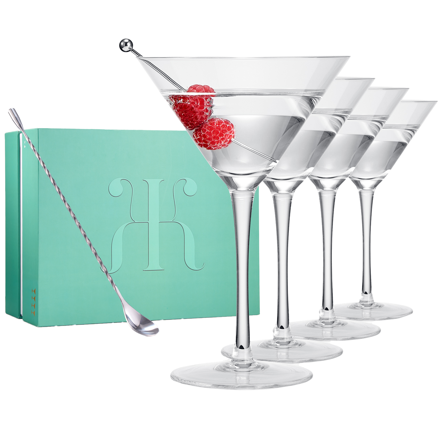 Crystal Martini Glass Set of 4 | 10oz | Classic Luxury Cocktail with Bar Spoon & Olive Picks, Premium Hand-Blown | Classic Cocktail Clear Coupes For Manhattan, Cosmopolitan, Sidecar, Stemmed Goblets-0