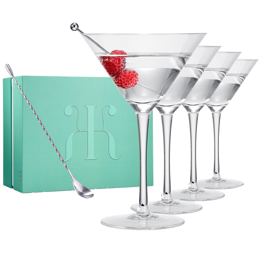 Crystal Martini Glass Set of 4 | 10oz | Classic Luxury Cocktail with Bar Spoon & Olive Picks, Premium Hand-Blown | Classic Cocktail Clear Coupes For Manhattan, Cosmopolitan, Sidecar, Stemmed Goblets-0