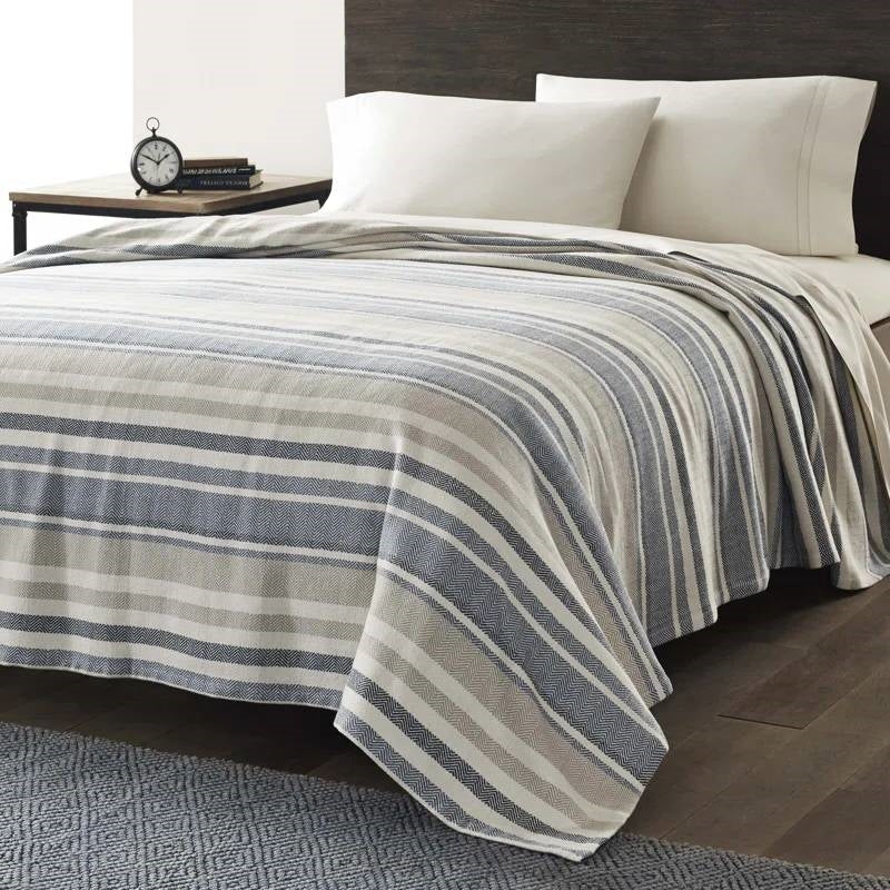 Full/Queen size Navy Blue Tan Cream Chevron Stripe Lightweight Cotton Blanket-0