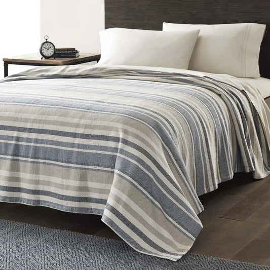 Full/Queen size Navy Blue Tan Cream Chevron Stripe Lightweight Cotton Blanket-0
