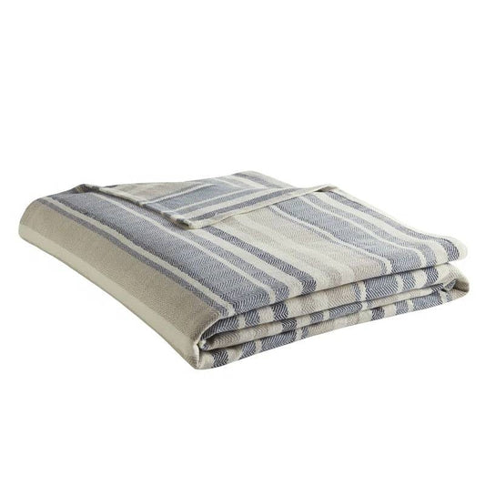 Full/Queen size Navy Blue Tan Cream Chevron Stripe Lightweight Cotton Blanket-1