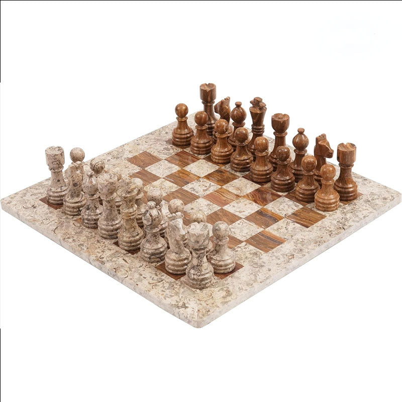 Fossil Coral and Dark Brown 15 Inches High Quality Marble Chess Set-1