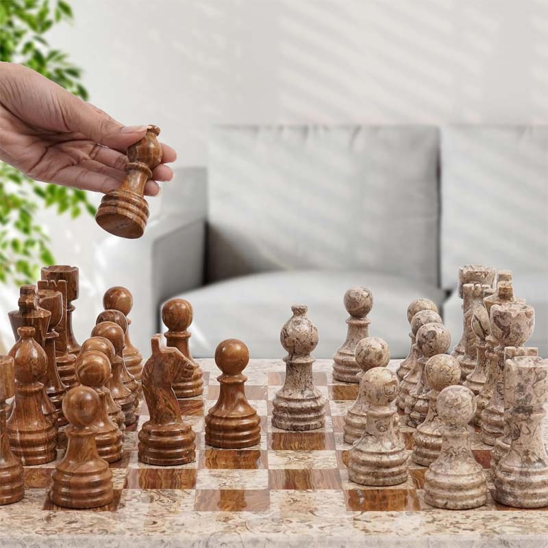 Fossil Coral and Dark Brown 15 Inches High Quality Marble Chess Set-0