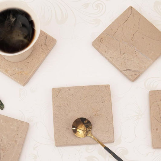 Radicaln Marble Coasters for Drinks White 3.5 Inch Handmade Set of 6 Square Coasters - Kitchen Caddy, Office Pot Drink Coaster Plates-0