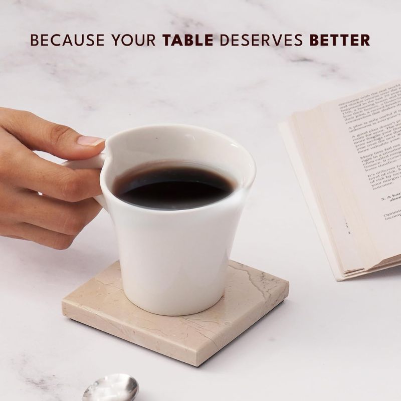 Radicaln Marble Coasters for Drinks White 3.5 Inch Handmade Set of 6 Square Coasters - Kitchen Caddy, Office Pot Drink Coaster Plates-2