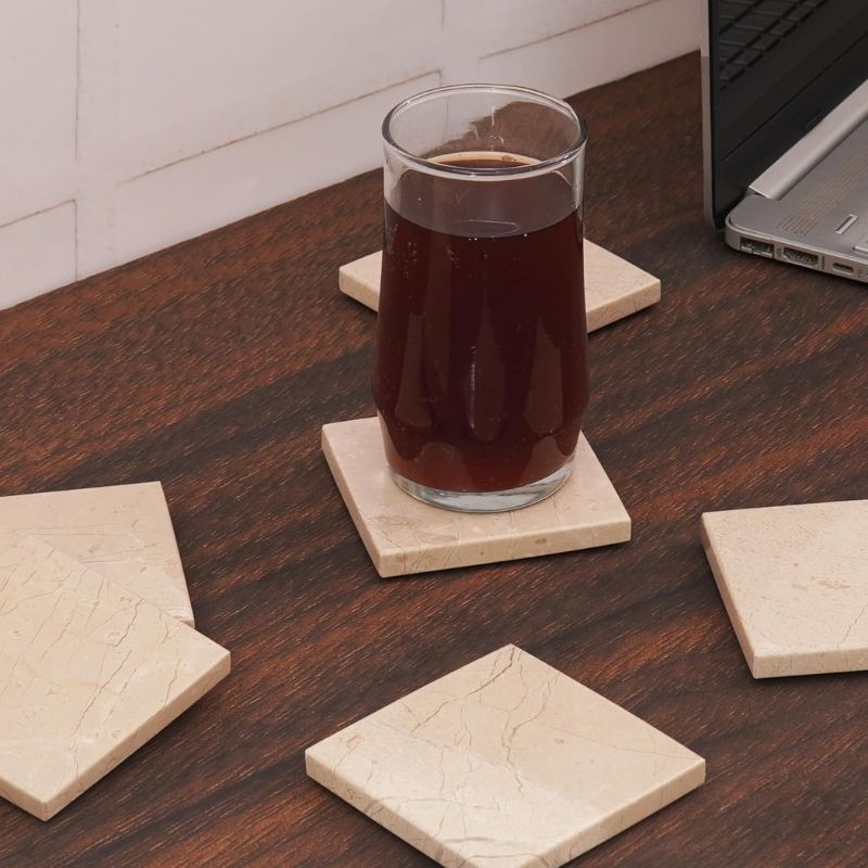 Radicaln Marble Coasters for Drinks White 3.5 Inch Handmade Set of 6 Square Coasters - Kitchen Caddy, Office Pot Drink Coaster Plates-3
