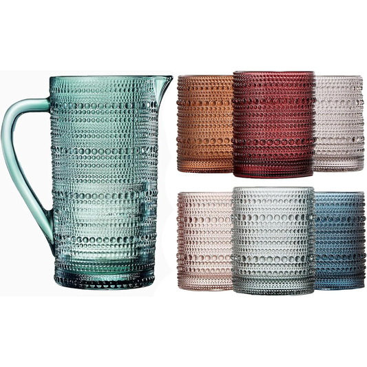 Hobnail Beaded Pitcher & Tumbler Glasses Set | Set of 6 Glasses & Carafe-0
