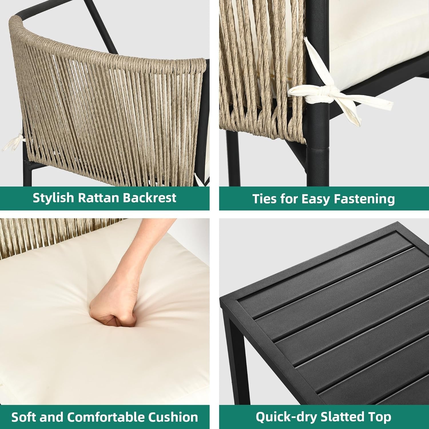 Wicker 3-Piece Outdoor Bistro Set, All-Weather Patio Conversation Set with Stackable Chairs & Table, Outdoor Sectional Furniture Set for Balcony, Backyard, Pool, Porch, Deck - Beige-2