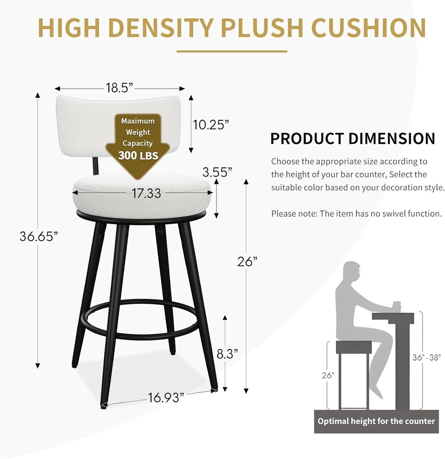 Bar Stools Set of 4, White Counter Height Barstools with Back, Kitchen Stools with Metal Legs and Footrest, Upholstered Pub Bar Chairs Kitchen Island (26", No Swivel)-1