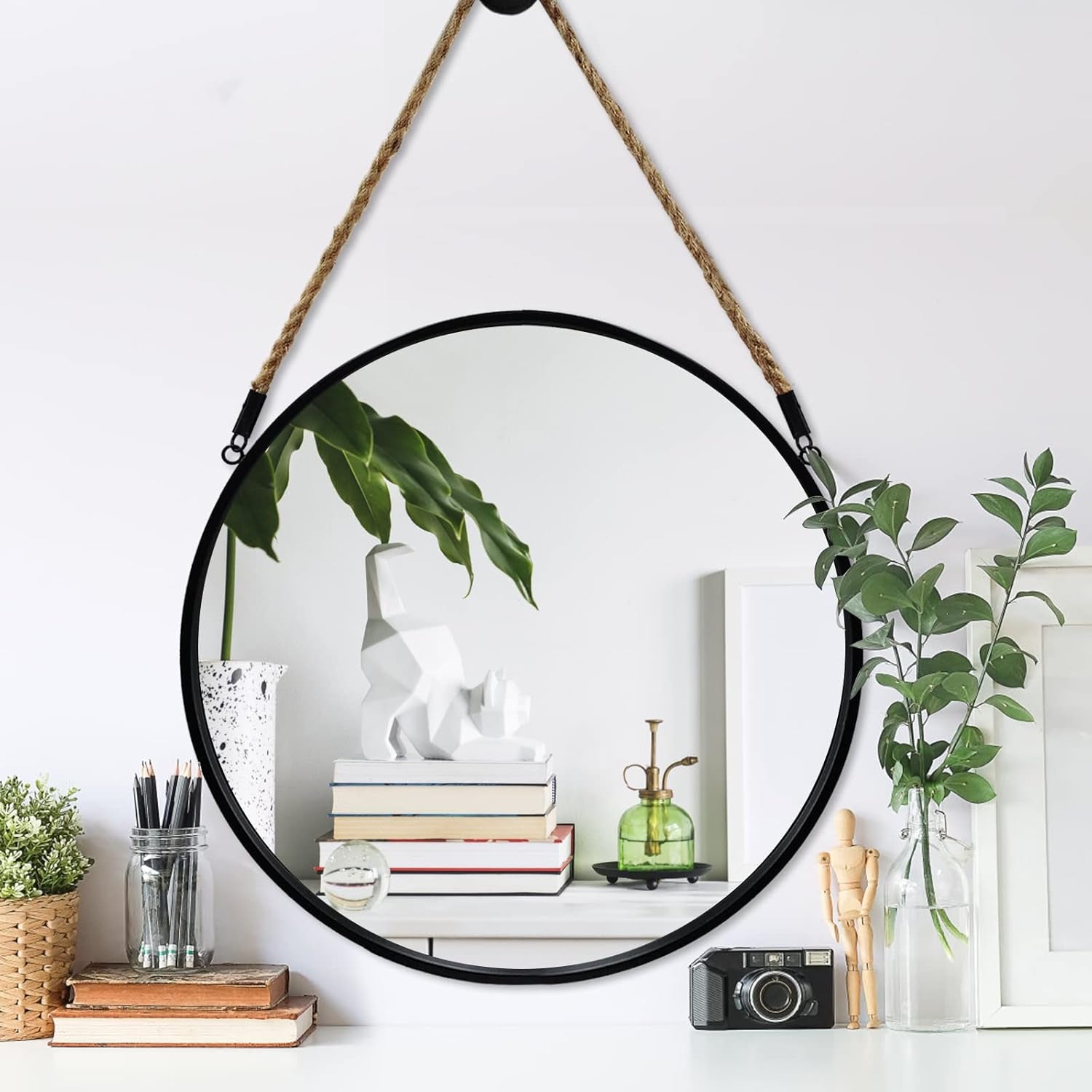 round Hanging Mirror - Wall Mirrors Decorative 20" Rope Mirror Black Metal Frame Circle Mirror Farmhouse Wall Mounted Mirror for Bathroom, Bedroom, Living Room, Entryway, Home Decor-0