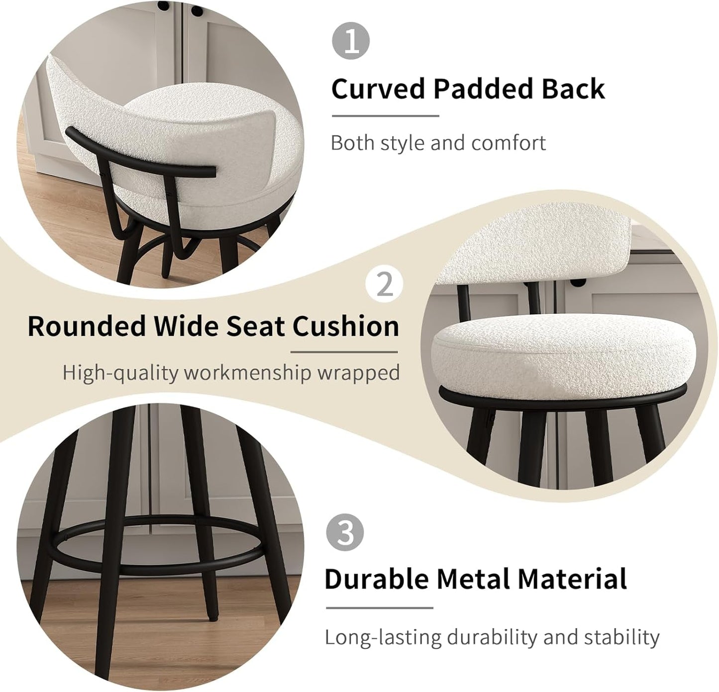 Bar Stools Set of 4, White Counter Height Barstools with Back, Kitchen Stools with Metal Legs and Footrest, Upholstered Pub Bar Chairs Kitchen Island (26", No Swivel)-3