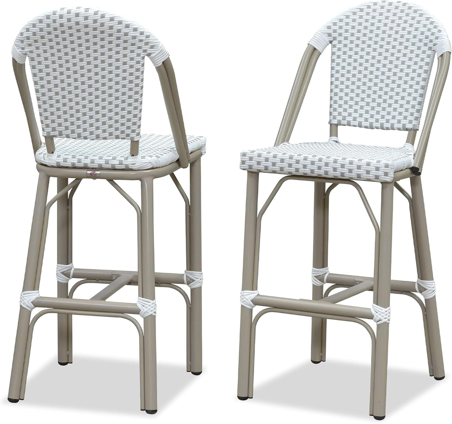 French Bar Stools Set of 2 Champagne Print Finish Outdoor Bar Stools with Back Rattan 27'' Patio Bar Stool for Pool Garden Kitchen Outdoor Barstool, White&Grey-0